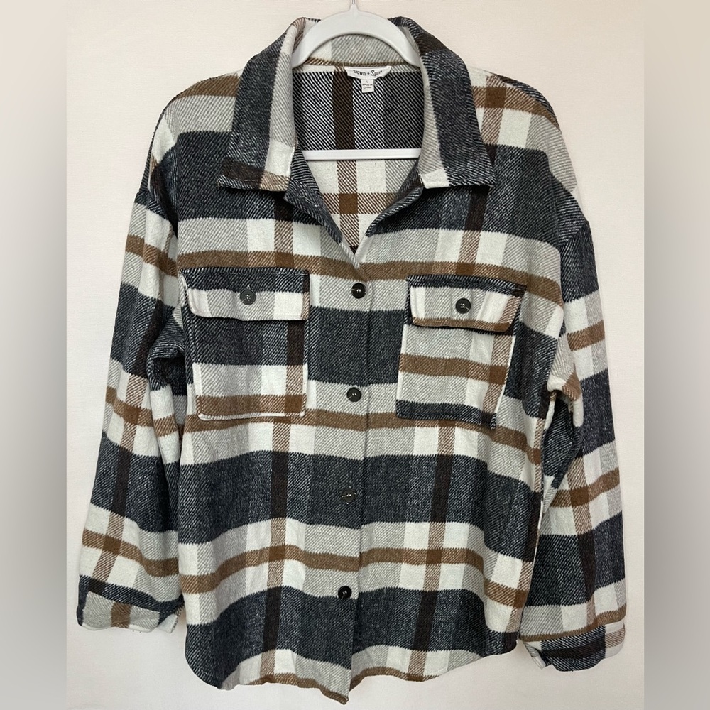 Women’s Large Classic Shacket Plaid Blue Gray Brown White Country